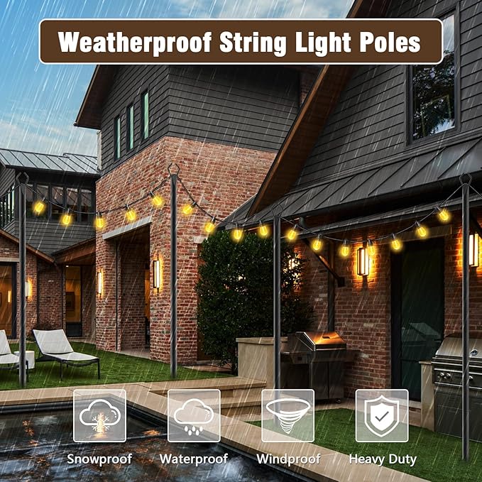 10Ft String Light Poles 4 Pack,Light Poles for Outside Lights,Outdoor with Fence Brackets Hanging Lights,Metal Stand Deck Patio Backyard-VerdiqueGarden