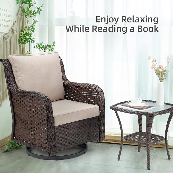 Towallmark Outdoor Swivel Wicker Glider Patio Chairs with Table Set, 3 Pieces Outdoor Bistro Set with 4”Thick Cushions and Coffee Table for Porch, Balcony, Deck (Beige)-VerdiqueGarden