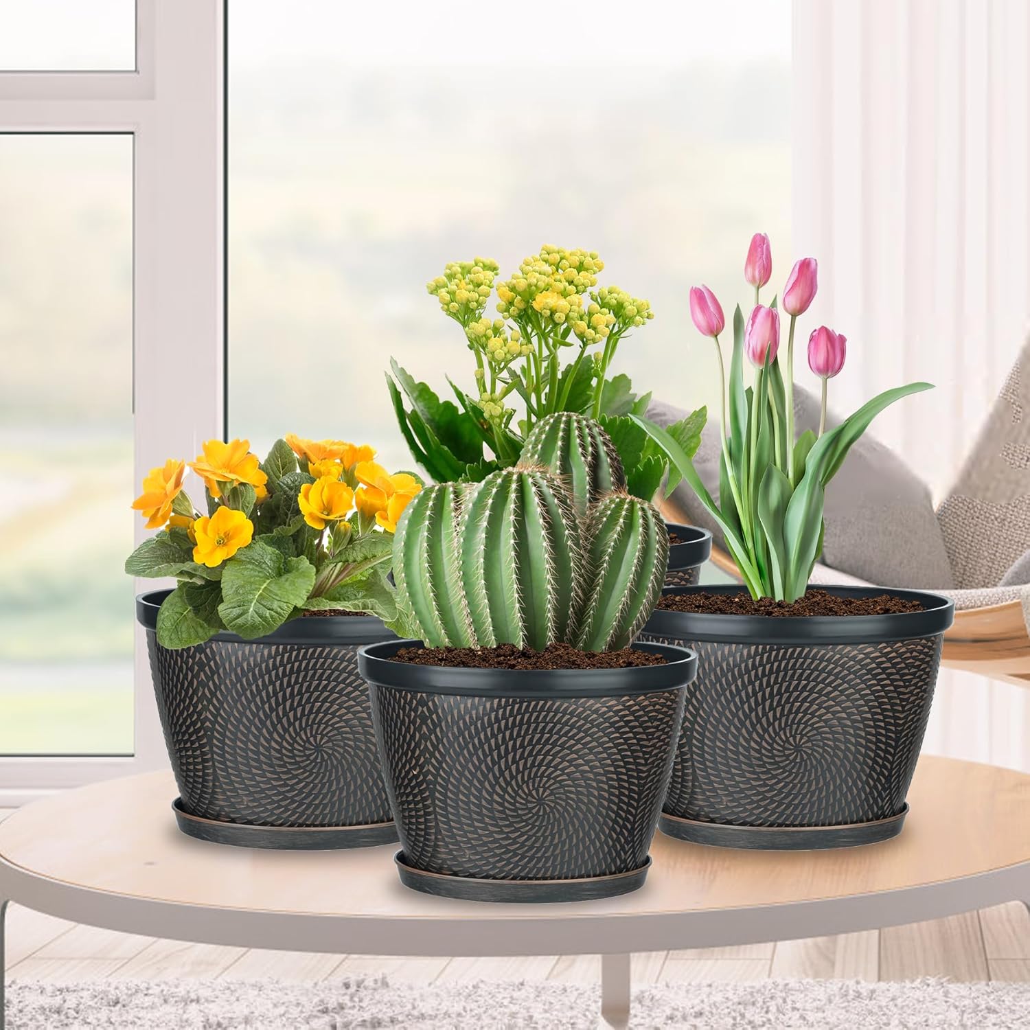 Quarut 4 Pack 8 Inch Flower Pots for Outdoor Indoor, Plastic Plant Pots with Drainage Hole & Saucer, Lightweight Small Flower Pot, Circle Pattern Planters for Garden House planters（Black Copper）-VerdiqueGarden