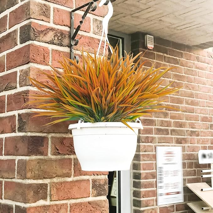 Uieke 12 Bundles Artificial Outdoor Plants UV Resistant Fake Grass Plants Faux Plastic Plants Greenery Shrubs for Home Garden Pathway Window Box Front Porch Cemetery Fall Decor, Autumn Orange-VerdiqueGarden