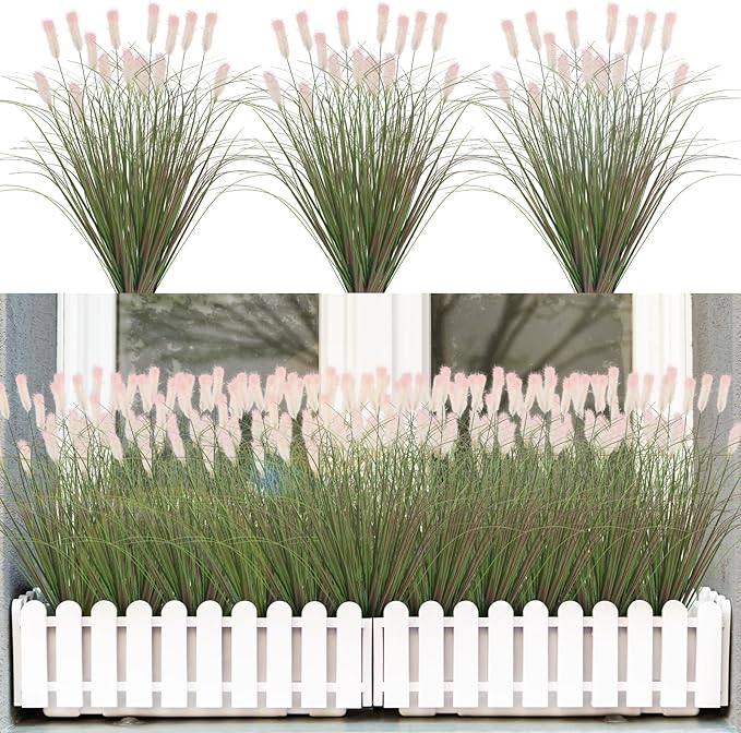 Artificial Grasses Plants Oudoor 24 Bunches Onion Grass Greenery with Plush Faux Fake Shrubs Plant Onion Wheat Grass for Outside Garden Indoor House Home Office Décor (Light Purple & Pink Plush-VerdiqueGarden