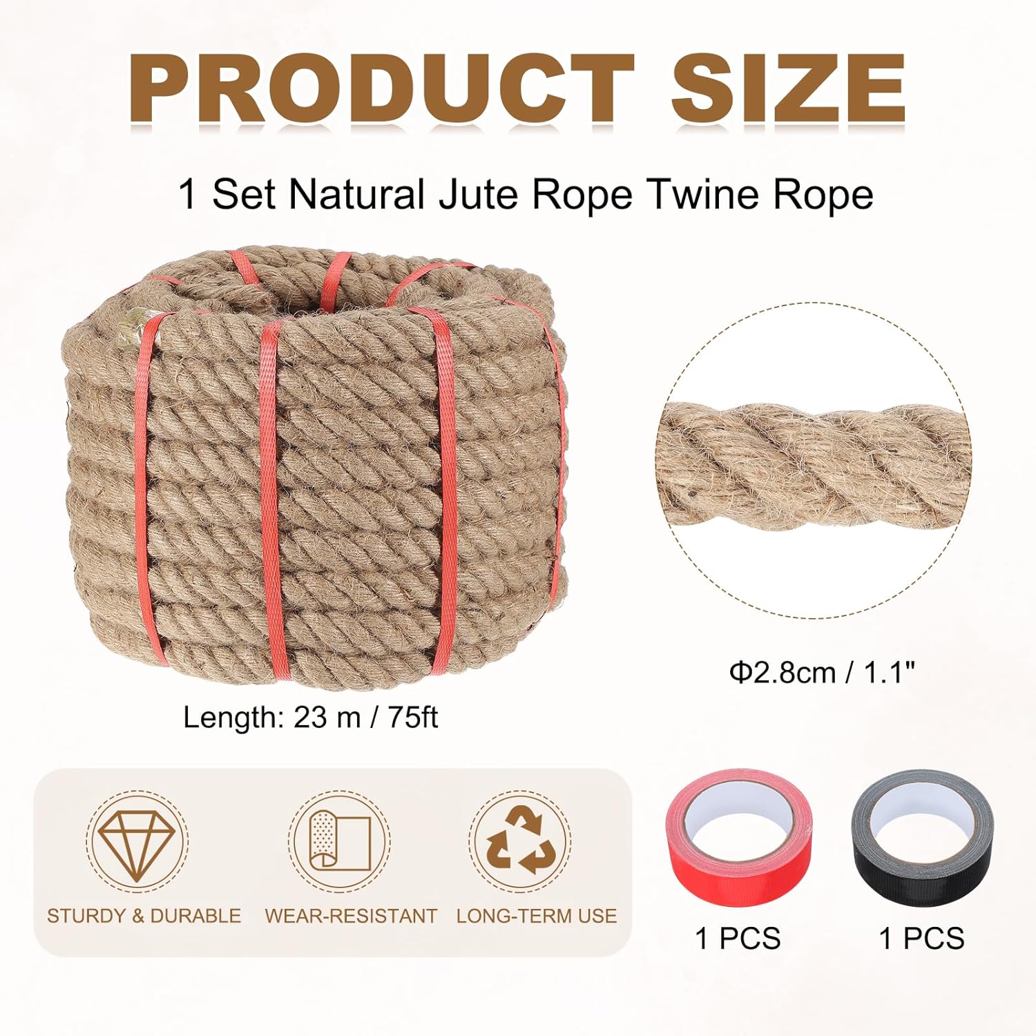 MECCANIXITY Jute Rope 1.1 Inch x 75ft, Thick Twine Rope Ropes Braided Jute Twine Natural Brown Burlap Cord String Heavy Twisted with Tapes for Decorative Crafts Railing Swing Tug of War-VerdiqueGarden