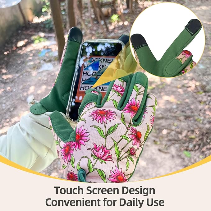 Gardening Gloves for Women, Garden Gloves with Touch Screen, Thorn Proof Puncture Resistant Working Gloves, Gardening Gifts for Women (Green with Pink Flowers, Medium)-VerdiqueGarden