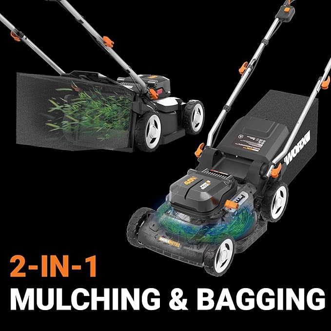WORX 40V 17'' Cordless Lawn Mower for Medium Size Yards, 2-in-1 Electric Mower Cuts to Edge, Compact & Lightweight Push Lawn Mower with 6-Position Height Adjustment – 2 Batteries & Charger Included-VerdiqueGarden