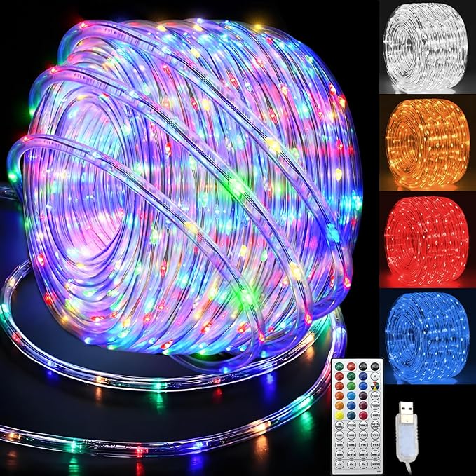 RGBW LED Rope Lights Outdoor with USB Powered, 33Ft 100 LED String Lights Indoor with Remote, 20 Color Changing Fairy Lights for Outside Garden Party Wedding Christmas-VerdiqueGarden