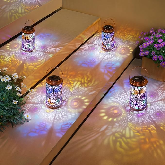Go2garden 2Pack Solar Outdoor Lanterns Waterproof Dragonfly Garden Gifts for Women Patio Decor Lights Metal Lantern for Yard, Tabletop, Porch, Outside,Mothers Day Gifts for Mom Women-VerdiqueGarden