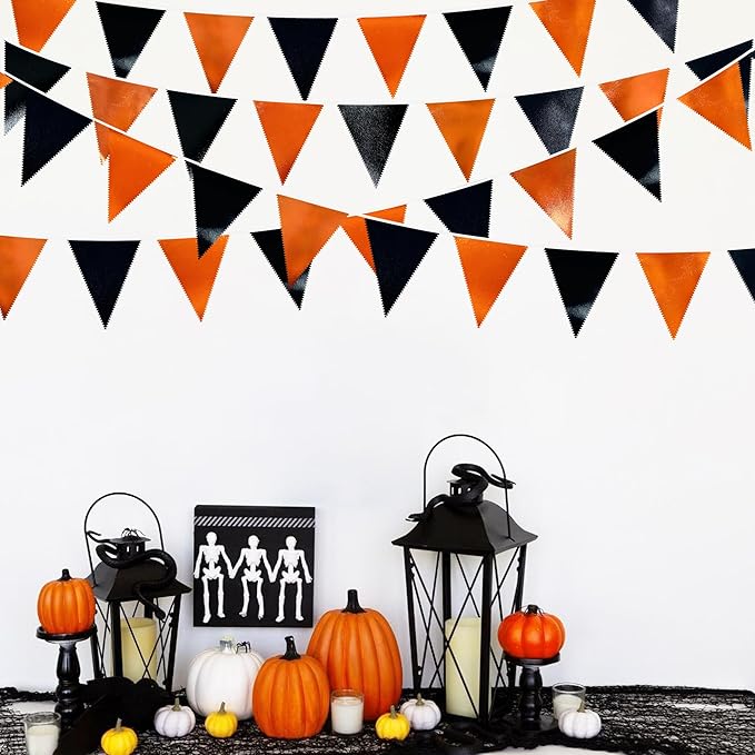 Black Orange Party Decoration Metallic Fabric Triangle Pennant Banner Flag Bunting Garland for Graduation Halloween Fall Autumn Thanksgiving Birthday Wedding Baby Shower Bridal Shower Party Supplies-VerdiqueGarden