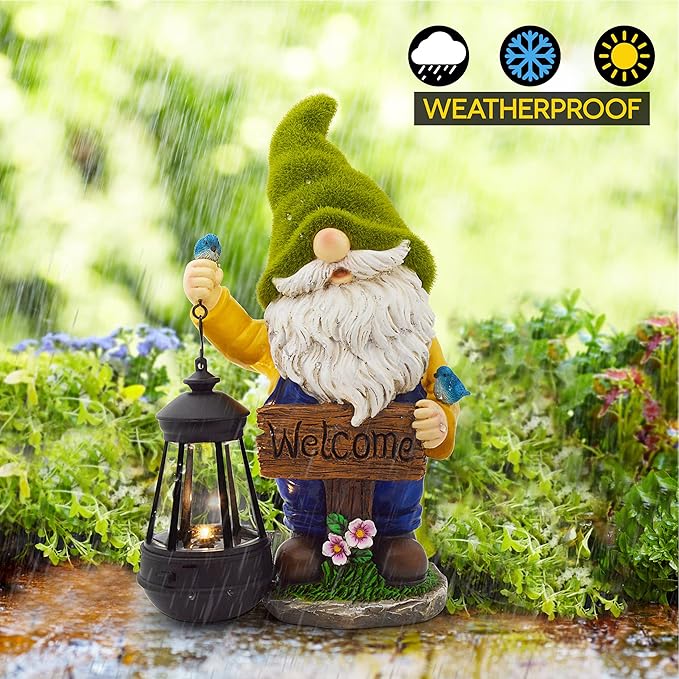 Garden Gnomes Outdoor - Flocked Gnome Statue Holding Lantern with Solar LED Lights | Gnomes Garden Decorations for Patio, Yard, Lawn Ornaments - Gnome Gifts-VerdiqueGarden