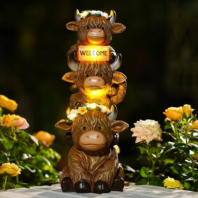Solar Garden Statues Highland Cow Decoration,Highland Cow Figurine Outdoor Garden Decor Unique Gifts for Women, Mom, Grandma-VerdiqueGarden