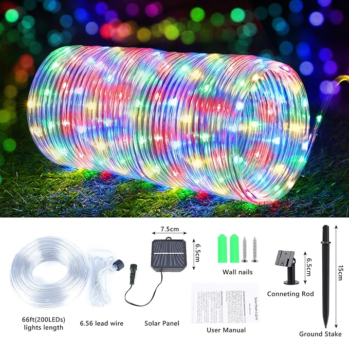 Solar Rope Lights, 2 Packs 66ft 200LED Solar String Lights, 8 Modes Waterproof Solar Powered Outdoor Light, Flexible Clear Tube Light for Garden Backyard Patio Deck Pool Tree Decorations- Multicolor-VerdiqueGarden