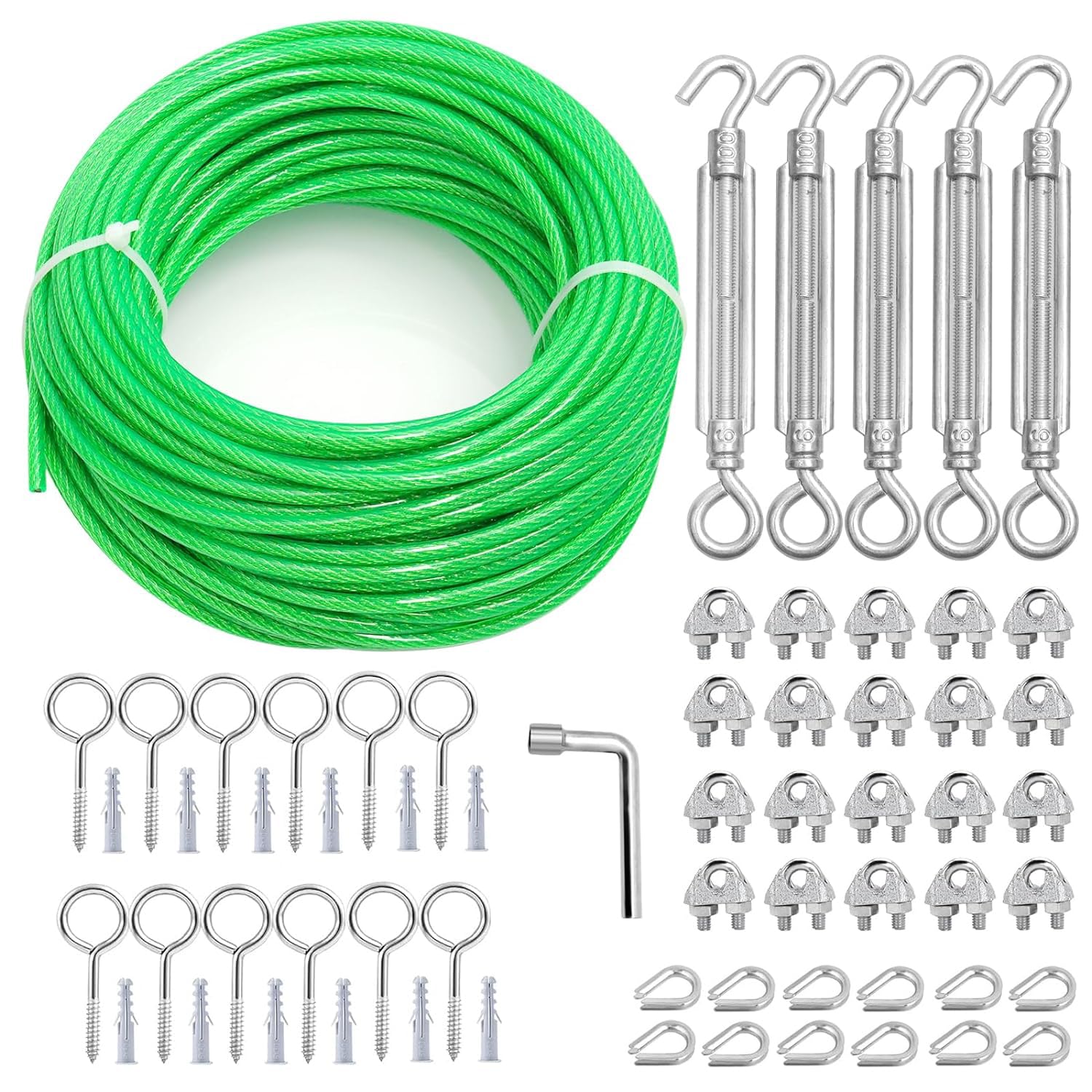 100 Ft Turnbuckles for Cables Wire, 3/16" Green PVC Coated Wire Rope Kit, Multi-use Steel Cable for Grape Vines/Clothes Line Outdoors for T Post/String Light Hanging/Garden Wire-VerdiqueGarden
