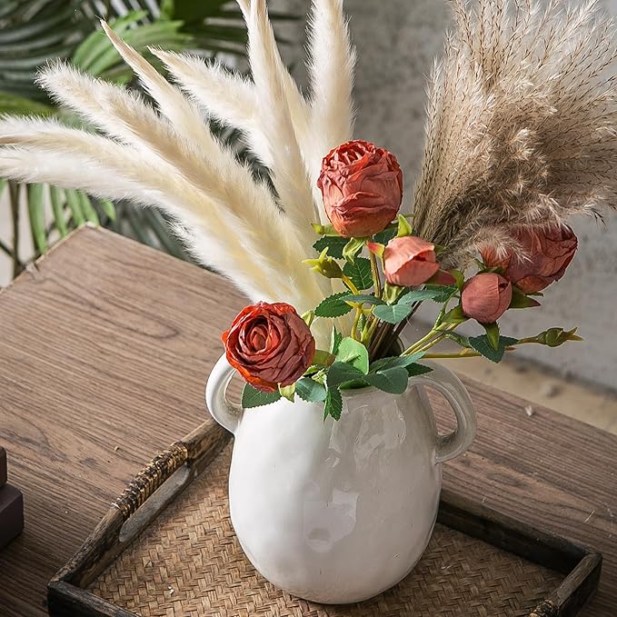 Kimdio White Ceramic Vase with 2 Handles, Modern Farmhouse Vases for Home Decor, Rustic Pottery Vase, Decorative Terracotta Flower Vase, Clay Small Vase, Centerpieces for Dining Table-VerdiqueGarden