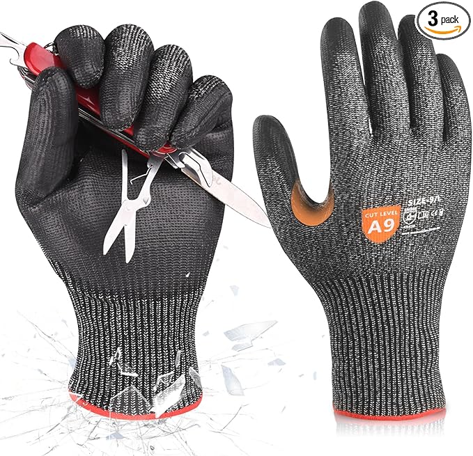 Donfri 3 Pairs A9 Cut Resistant Work Gloves for Men - Steel + HPPE Hybrid Safety Gloves for Men, ANSI Cut Level 9 Protection Flexible for Metal Glass Wood Construction Fishing-VerdiqueGarden