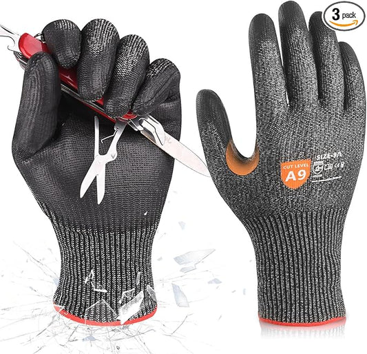 Donfri 3 Pairs A9 Cut Resistant Work Gloves for Men - Steel + HPPE Hybrid Safety Gloves for Men, ANSI Cut Level 9 Protection Flexible for Metal Glass Wood Construction Fishing-VerdiqueGarden