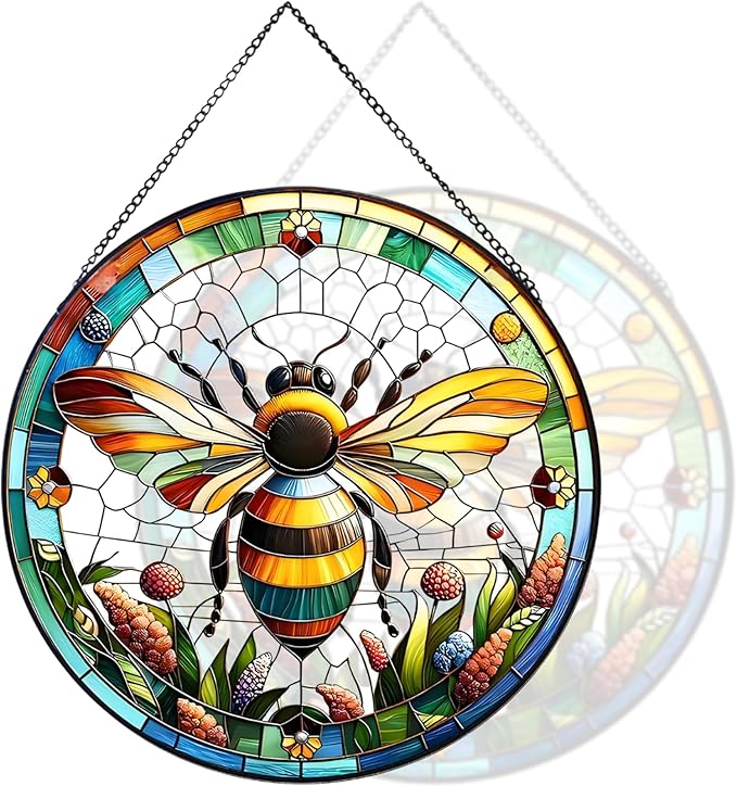 RIVEENY Bumblebee Stained Glass Window Hangings,8''Bee Suncatcher Stained Glass Window Panel Gift for Christmas Anniversary Birthday Mother's Day-VerdiqueGarden