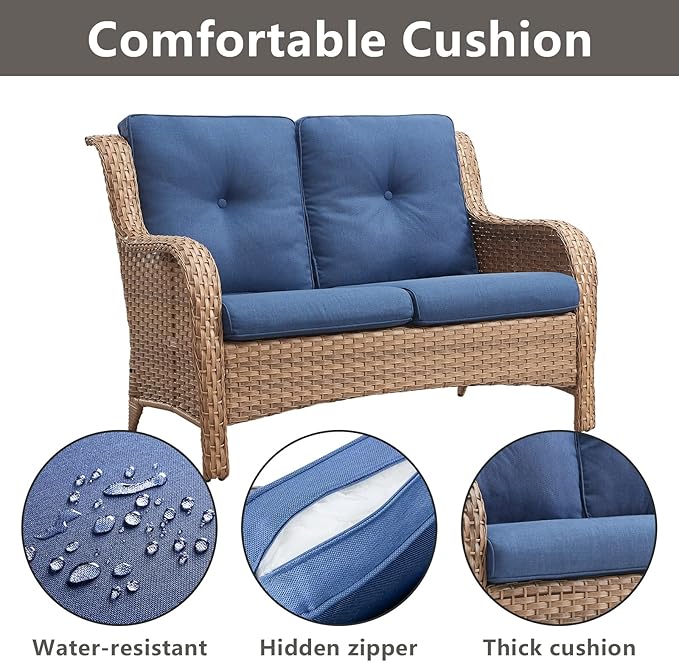 Outdoor Wicker Patio Furniture Set - 5 Piece Rattan Patio Conversation Set with 2 Rocking Swivel Chairs,2 Ottomans and 1 Loveseat for Porch Deck Backyard Garden(Yellow/Blue)-VerdiqueGarden