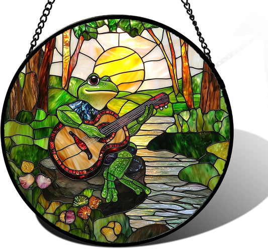 Stained Glass Window Hanging, Frog Playing Guitar Suncatcher Diamond Glass Panel Funny Sun Catchers Decor for Birthday for Women, Men, Wife, Aunt, and Mom 9.8 in-VerdiqueGarden