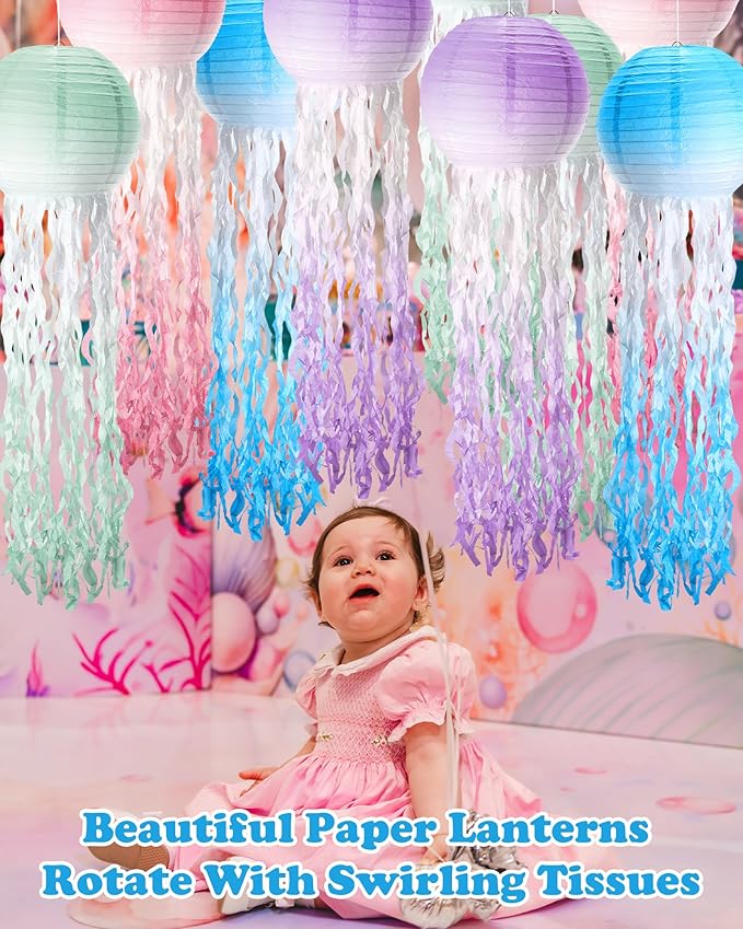18 Pcs Jellyfish Paper Lanterns Mermaid Birthday Decorations Hanging Lantern Lamps for Ocean Theme Decor Under The Sea Party Supplies(Gradient Color)-VerdiqueGarden