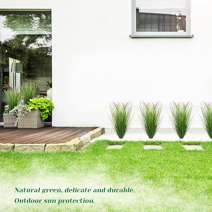36Pcs Artificial Grass Plants, Faux Shrubs Wheat Grass, Fake Tall Grass Plants for Outdoor Decor, Greenery Stems Weed for Room Indoor Home Decor（Green Red Tail-VerdiqueGarden