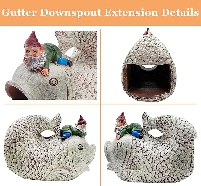 Gnome Fish Sculpture - Eco-Friendly Resin Gutter Diverter Rain, Outdoor Decor Sculpture, Garden Animal Statue, Gutter Downspout Splash Block, Decorative Extension, Ideal for 3"x4" Downspouts-VerdiqueGarden