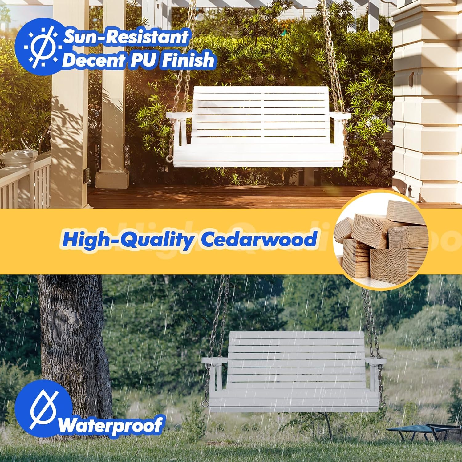 VINGLI Upgraded Patio Wooden Porch Swing for Courtyard & Garden, Heavy Duty 880 LBS Swing Chair Bench with Hanging Chains for Outdoors (White, 4 FT)-VerdiqueGarden