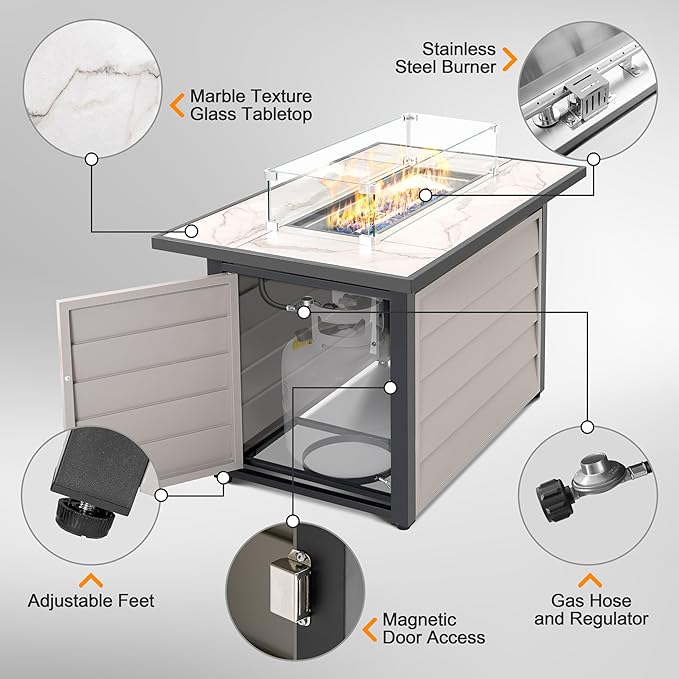 Nuu Garden 43'' Patio Propane Fire Pit Table, 50,000 BTU Gas Fire Pit with Marble-Textured Glass Top, Wind Guard, Lid, Glass Beads, CSA-Certified, 2-in-1 Outdoor Table for Gatherings, Ivory White-VerdiqueGarden