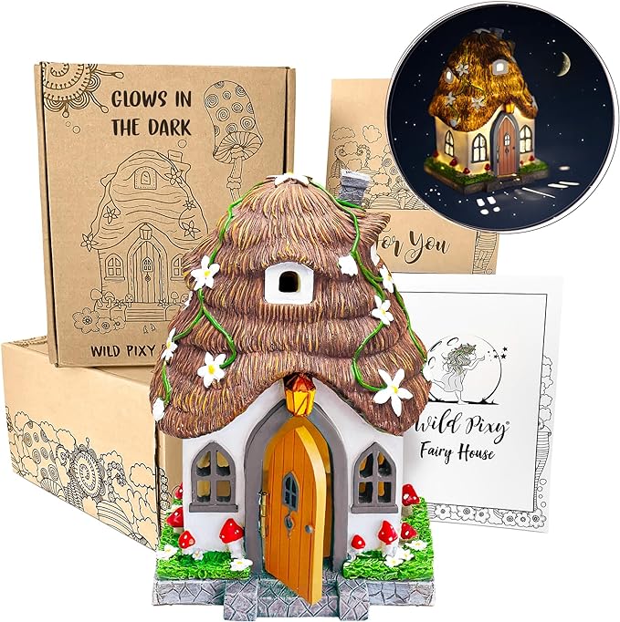 WILD PIXY Fairy Garden House - Glow in The Dark Fairy Cottage with Opening Door and Solar LED Light, Beautiful Miniature Garden Decoration for Indoor or Outdoor Fairy Gardens - 7.1" Fairy House-VerdiqueGarden