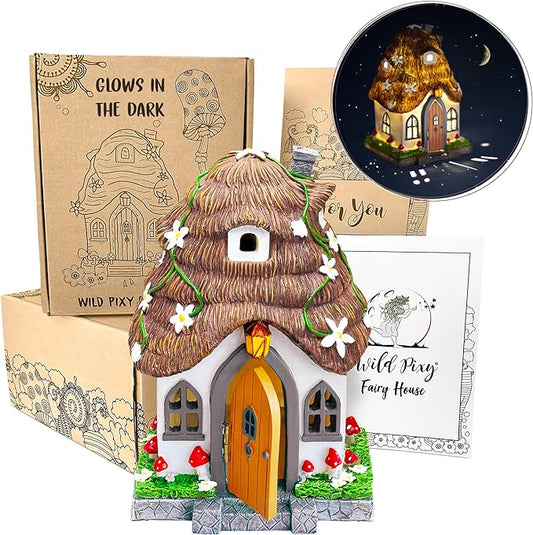 WILD PIXY Fairy Garden House - Glow in The Dark Fairy Cottage with Opening Door and Solar LED Light, Beautiful Miniature Garden Decoration for Indoor or Outdoor Fairy Gardens - 7.1" Fairy House-VerdiqueGarden