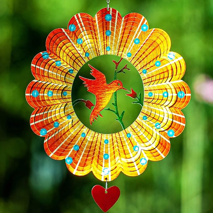 SteadyDoggie Wind Spinner - 12-Inch 3D Stainless Steel Lovebird Design with Heart Pendant - Laser Cut Metal Art Geometric Pattern - Hanging Kinetic Yard Garden Decor-VerdiqueGarden