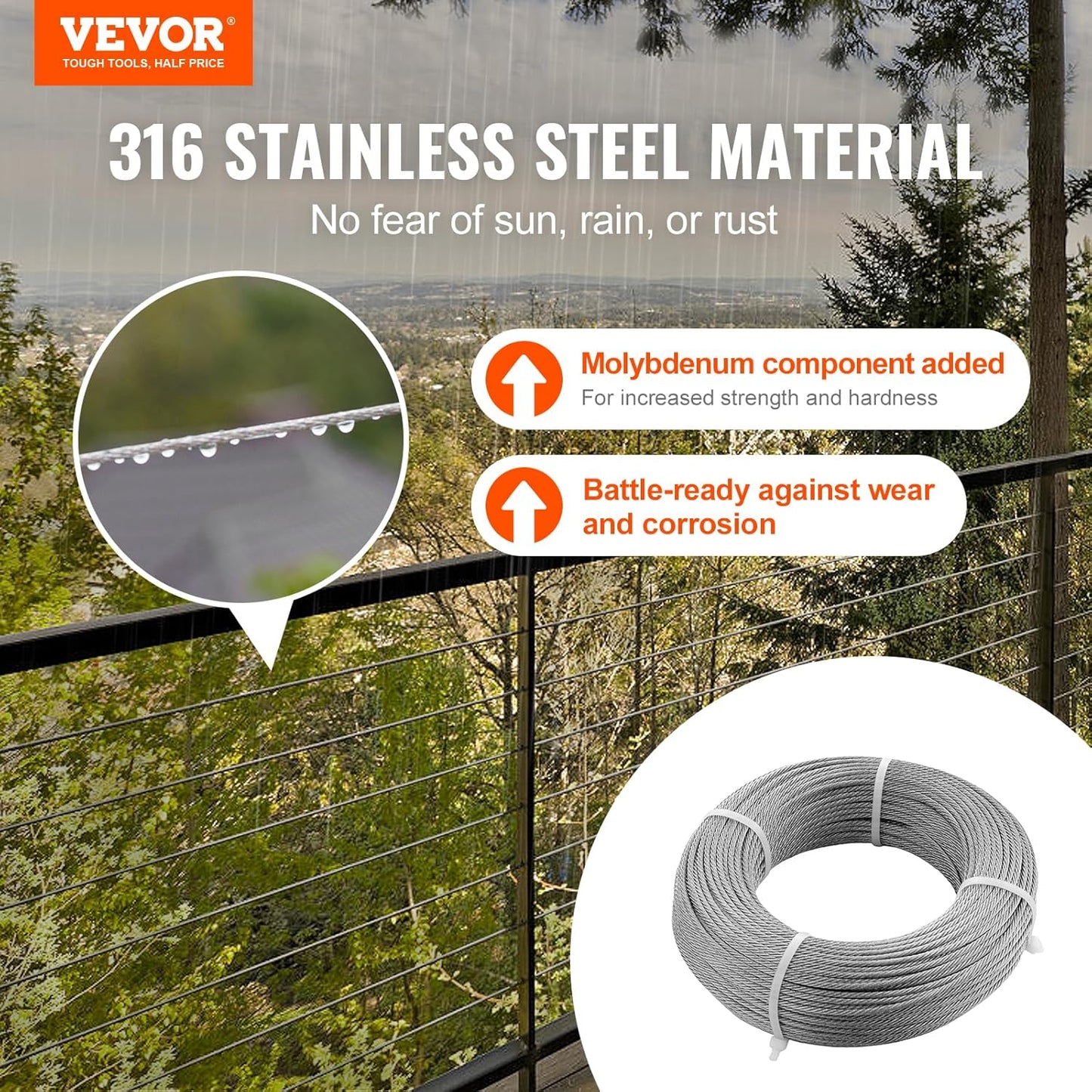 VEVOR T316 Deck Railing Cable, 1/8" Stainless Steel Wire Rope 300 ft with Cutter Kit, 7x7 Strands Construction Marine Aircraft Grade for Handrail Stair Decking Fence Outdoors-VerdiqueGarden