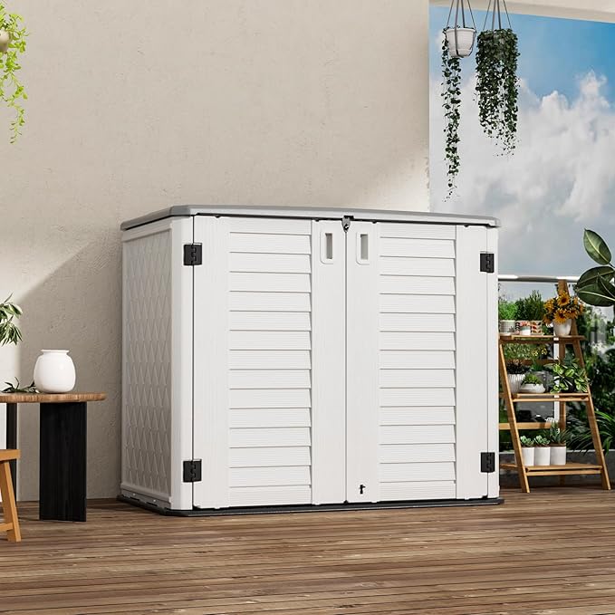 Outdoor Patio Storage Shed,Waterproof Horizontal Outdoor Storage Cabinet for Garbage Cans,Tools and Lawnmower Lockable(34 Cu.ft-Warm-White)-VerdiqueGarden