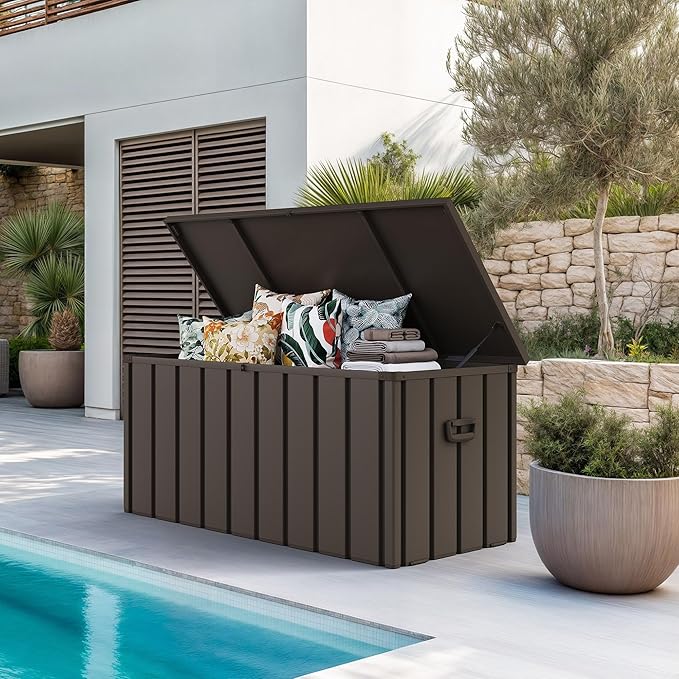 PURPLE LEAF Outdoor Deck Box 100 Gallon Waterproof Lockable Storage Box Container with Lid Deck Organization for Patio Cushions Side Table Pool Accessories Garden Tools, Brown-VerdiqueGarden