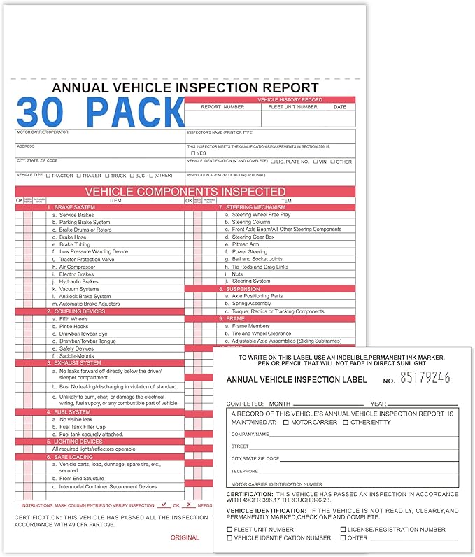 30-Pack Annual Vehicle Inspection Report Form & Adhesive Vinyl Label 2-Ply,3-Ply Carbonless Form DOT Compliant-VerdiqueGarden