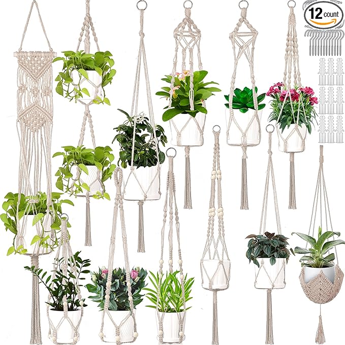 Hoteam 12 Pcs Macrame Plant Hangers Macrame Hanging Planters for Indoor Plants Handmade Boho Hanging Baskets Flower Pots Holder for Outdoor Home Wall Decor-VerdiqueGarden