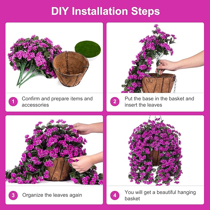 Hanging Baskets Artificial Flowers for Outdoor Interior Decor, Artificial Daisies Flowers Shrubs Plants with Baskets for Home Porch Garden Patio Patio Spring Summer Decor(Violet)-VerdiqueGarden