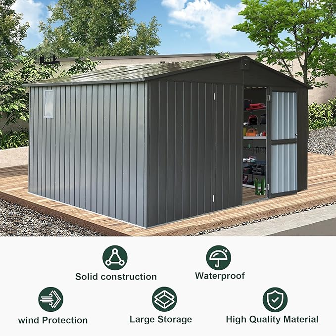 Domi Outdoor Storage Shed 11' x 9', Metal Steel Utility Tool Shed Storage House with Double Lockable Doors & Air Vents for Backyard Patio Garden Lawn Dark Grey-VerdiqueGarden