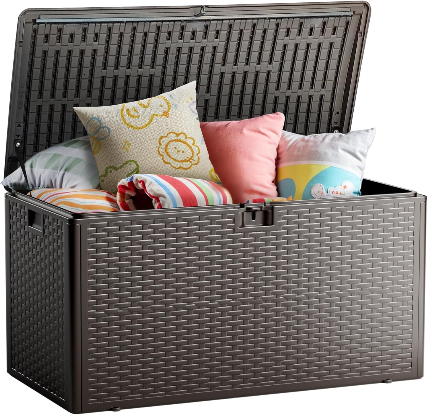 73 Gallon Deck Box, Double Layer Waterproof Resin Outdoor Indoor Storage Box, Lockable & UV Resistant Storage Bin for Patio Furniture, Garden Tools, Pool Accessories (Brown)-VerdiqueGarden