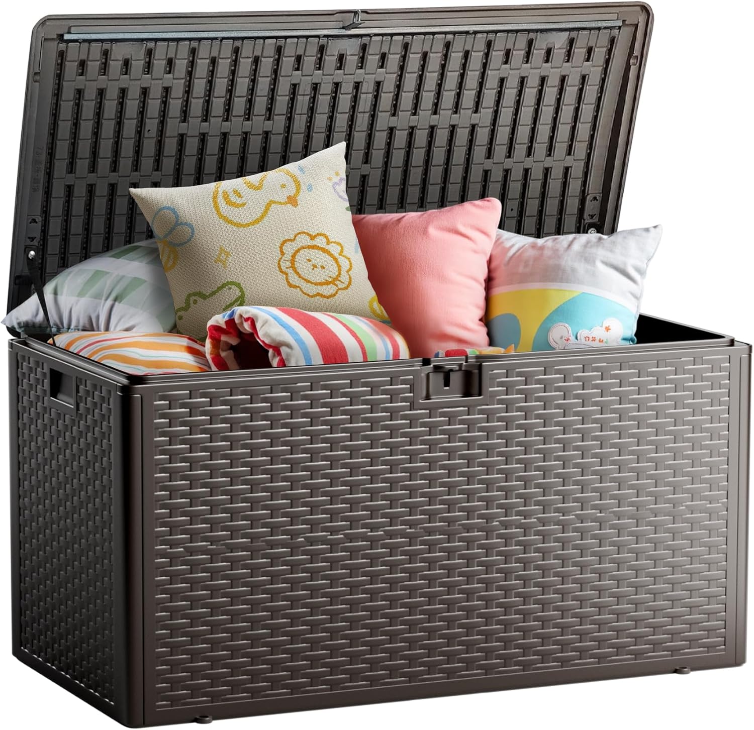 73 Gallon Deck Box, Double Layer Waterproof Resin Outdoor Indoor Storage Box, Lockable & UV Resistant Storage Bin for Patio Furniture, Garden Tools, Pool Accessories (Brown)-VerdiqueGarden