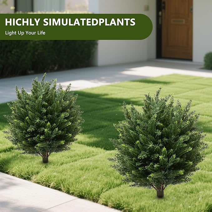 28" UV Resistant Artificial Shrubs for Outdoors - Real Looking Faux Bushes, Fake Cedar Trees, Outdoor Faux Ball Plants & Topiaries - Set of 2 Artificial Shrubs, Artificial Bushes for Garden Decor-VerdiqueGarden