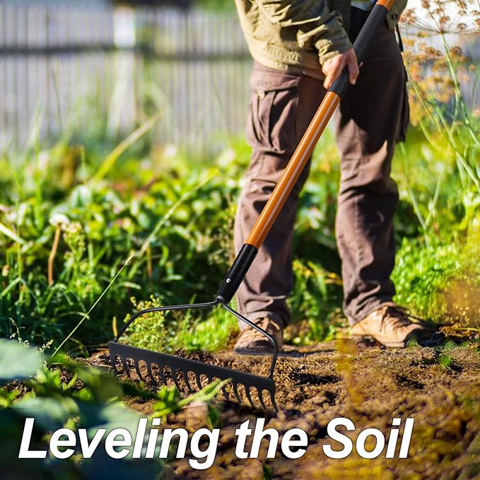 Garden Rake for Gardening, Heavy Duty Garden Rake for Lawns, 14 Tines Bow Rake with Fiberglass Handle, 58 Inches-VerdiqueGarden