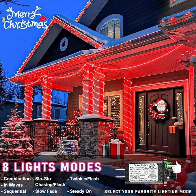 66FT 200 LED Rope Lights for Outside, Christmas String Lights with Waterproof 8 Modes, Flexible and Connectable Plug in Fairy Lights for Outdoor Indoor Bedroom Patio Wedding Decorations, Red-VerdiqueGarden