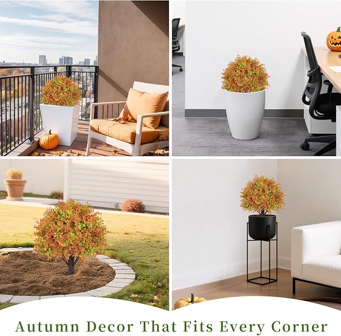 24" Fall Plants Artificial Boxwood Topiary Trees, UV Resistant Faux Bushes with Ground Spike, Fake Shrubs for Outdoor Planters, Front Porch, Patio, Yard Decor Set of 2-VerdiqueGarden