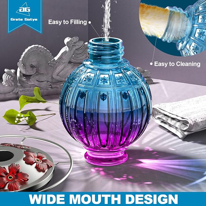 Glass Hummingbird Feeder for Outdoors Hanging, 26Oz Bird Nectar Feeder with Perch & 5 Flower Feeding Ports, Leak Proof for Outside Garden Decor Backyard, Gifts for Women Mom, Purple Blue-VerdiqueGarden