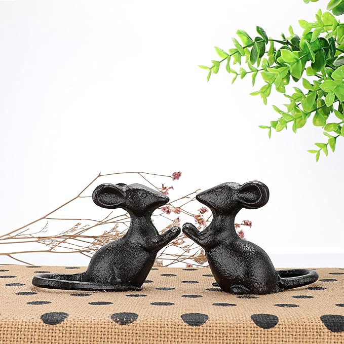 OwnMy 2 Cast Iron Cute Mouse Figurine Sculpture Black Mice Statues Carved Desktop Ornaments Figurines, Decorative Creative Animal Figurine Indoor Outdoor Statues for Garden Patio Yard Home Decoration-VerdiqueGarden