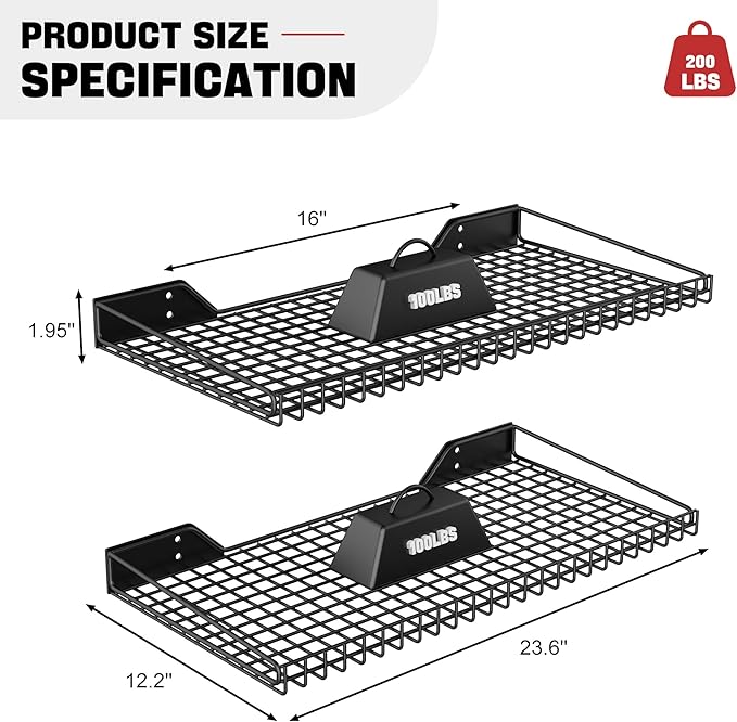 Ultrawall Wall Mounted Storage Shelf for Garage, 2 Pack Metal Shelf Rack, Heavy-Duty Wall Organizer Shelves Suitable for Shop, Shed, Garage 23.5inch x 12inch(Black)-VerdiqueGarden