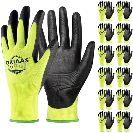 OKIAAS Work Gloves for Men, Ultra Thin and Lightweight with Grip, 12 Pairs Bulk Pack Construction Gloves with Polyurethane Coating, Safety Gloves for Light Duty Work (Green, Medium)-VerdiqueGarden