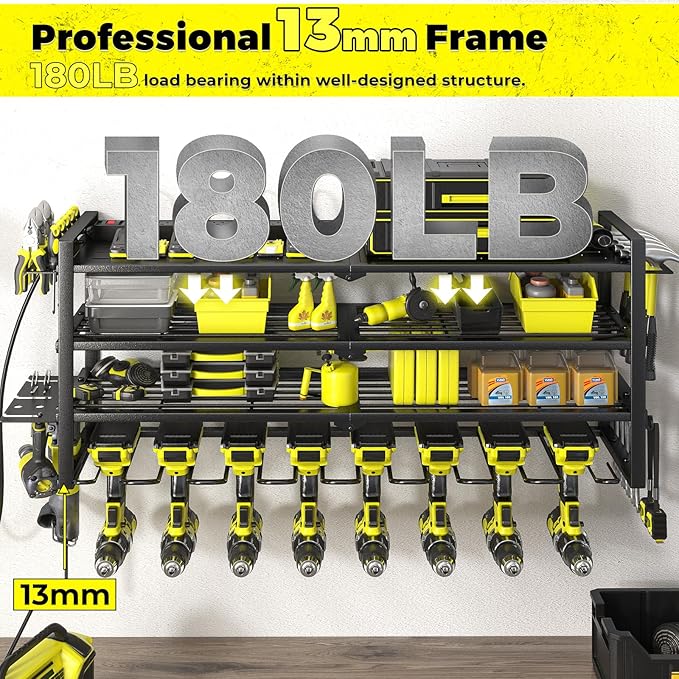 KAFAHOM Power Tool Organizer with Charging Station.Garage 8 Drill Holder Built in 8 Outlets Power Strip,Tool Storage Shelf Wall Mount,Tool Battery Organizer with Screwdriver/Hammer/Air Tool Rack-VerdiqueGarden