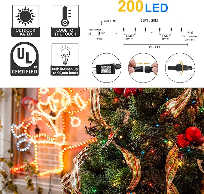 weillsnow 66 FT 200 LED Christmas Lights, Plug in Connectable Green Wire Fairy Lights with 8 Twinkle Modes, Outdoor Waterproof Christmas Lights for Garden Patio Wedding Decorations (Multicolored)-VerdiqueGarden