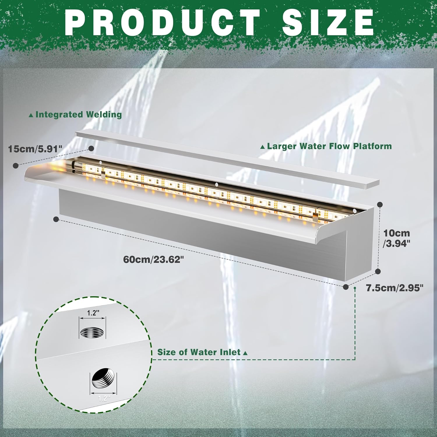 LONGRUN Waterfall Pool Fountain, Updated 5.9'' Wider Open Lip Stainless Steel Waterfall Spillway, Decorative Water Feature for Swimming Pools, Koi Ponds, Spa & Garden - 23.6''-VerdiqueGarden