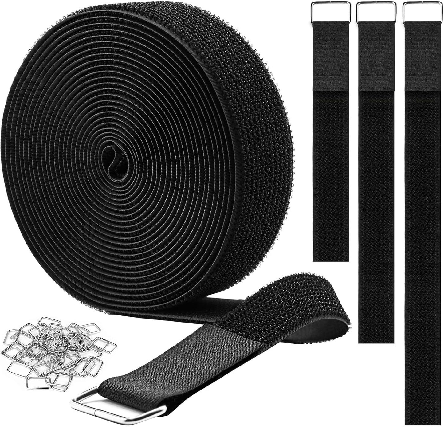 1.5"x16ft Hook and Loop Straps with 15 Metal Buckles, Adjustable Fastening Cable Straps, Cut-to-Length Cinch Strap, Reusable Nylon Securing Cord Ties for Organizer or Storage, Black-VerdiqueGarden